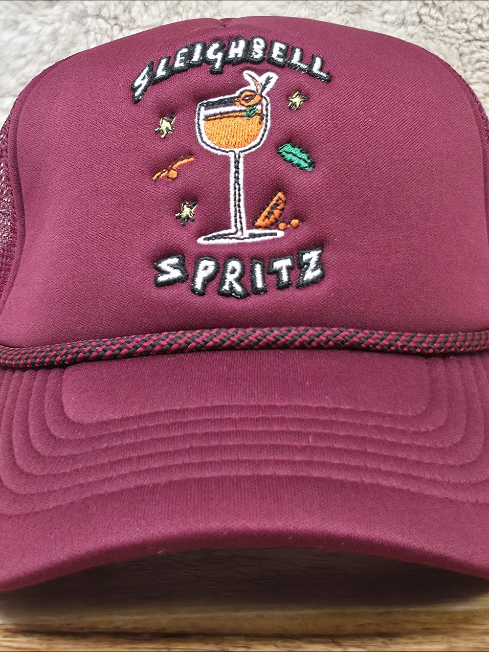Anthropologie Burgundy 'Aleighbell Spritz' Embroidered Trucker Hat